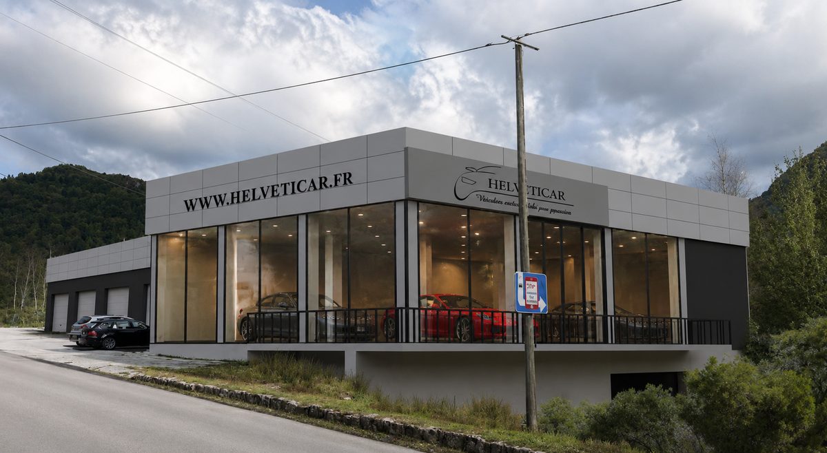 Showroom Helveticar à Saint-Claude, Jura — façade vitrée avec véhicules d'exposition