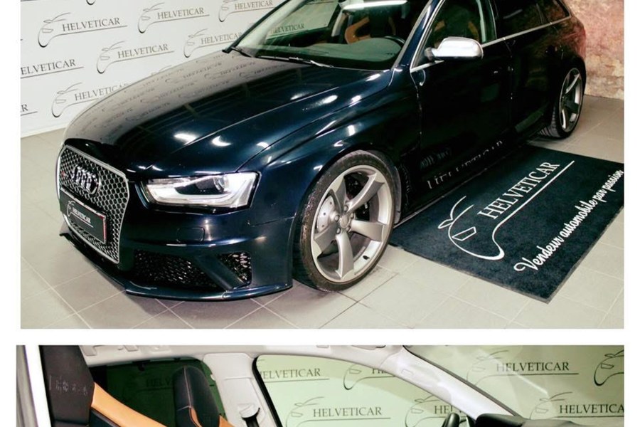 Audi RS4 Avant bleu nuit · Intérieur caramel — Showroom Helveticar